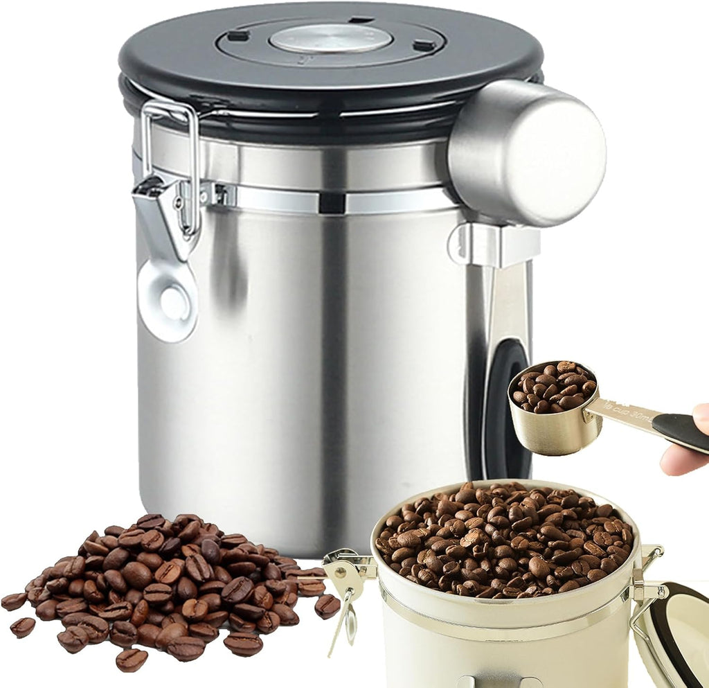 1.8 litre sealed coffee container, portable vacuum coffee storage container, stainless steel spoon with one-way exhaust valve, date tracker and coffee spoon, suitable for coffee shop accessories, coffee beans, tea.