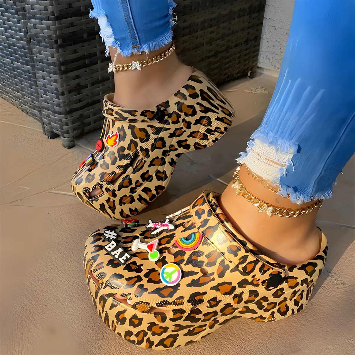 Women’s Leopard Print Wedge Mule Clogs with Ankle Strap