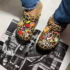 Women’s Leopard Print Wedge Mule Clogs with Ankle Strap