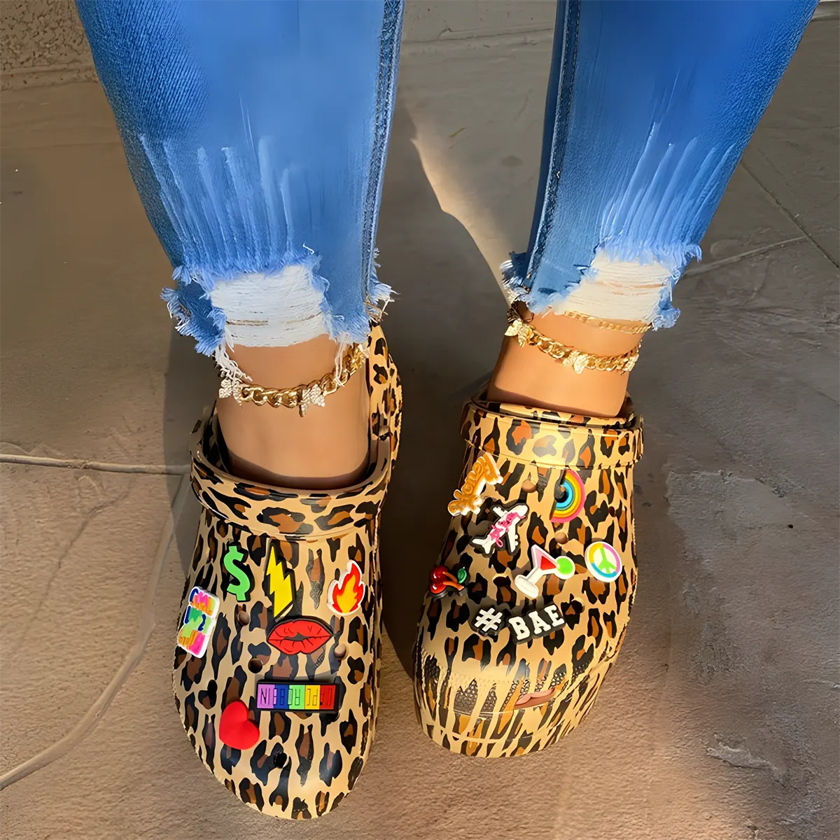 Women’s Leopard Print Wedge Mule Clogs with Ankle Strap