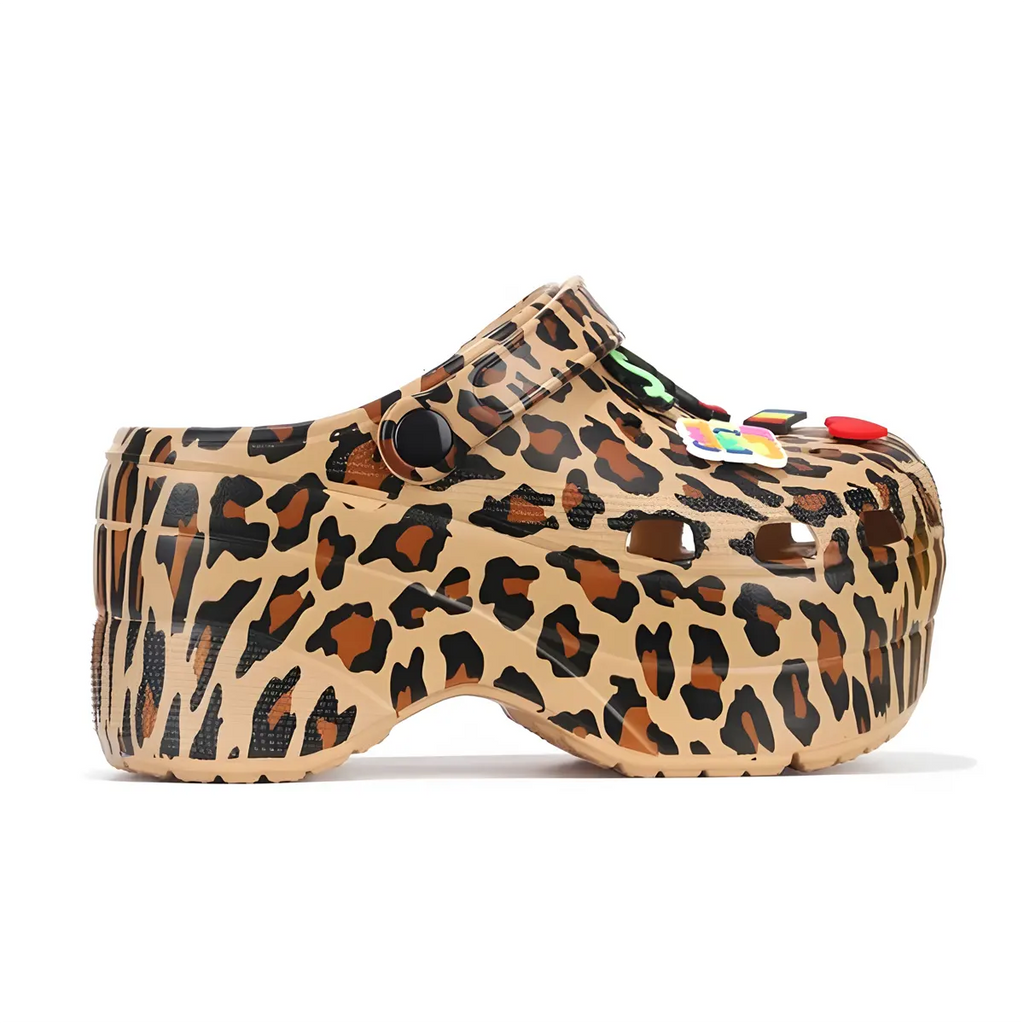 Women’s Leopard Print Wedge Mule Clogs with Ankle Strap