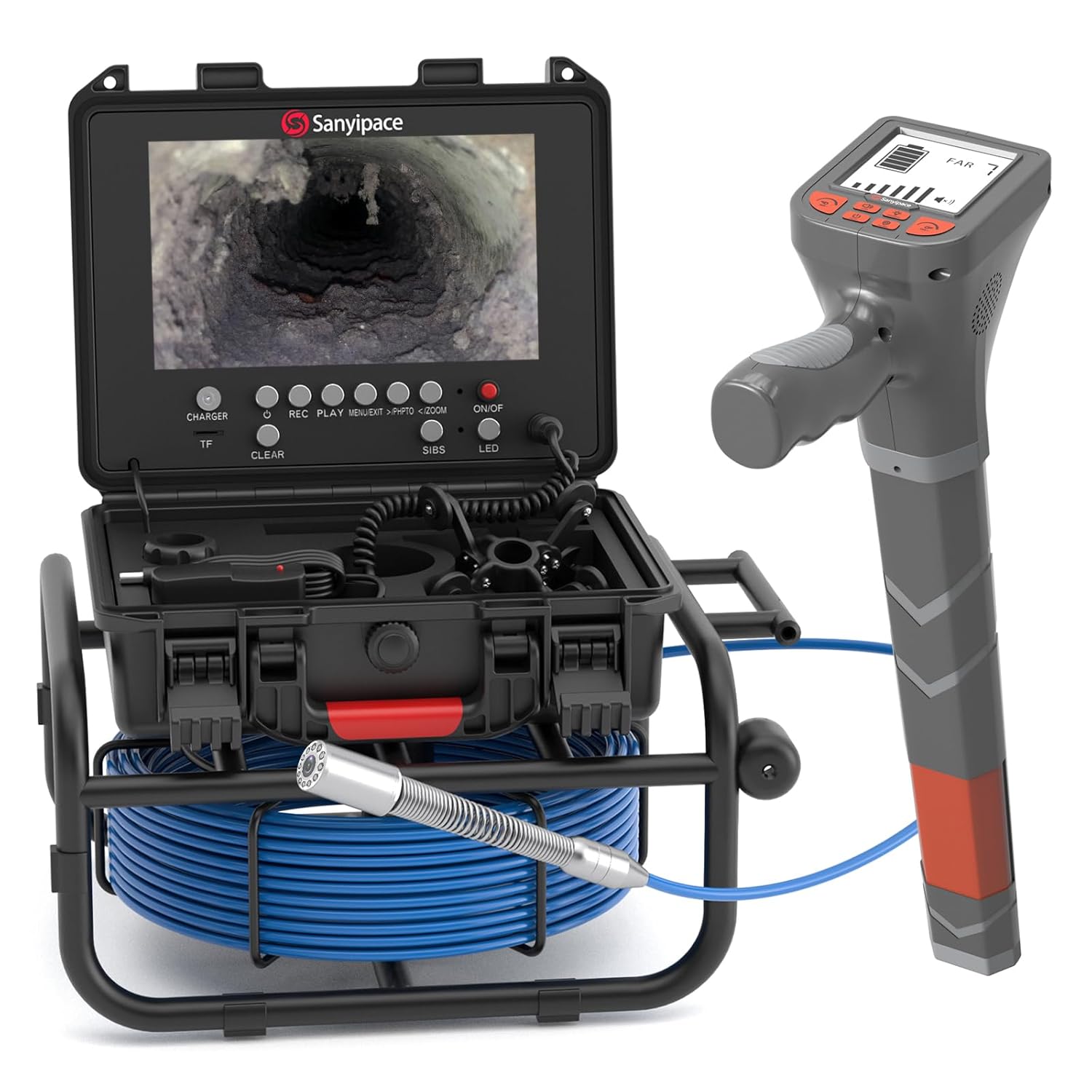 100 feet / 30 meters, 23 mm / 0.9 inches full HD sewer inspection camera, 5x zoom, distance counter, 9-inch IPS screen, digital video recorder and voice recorder, 16GB memory card, suitable for sewer lines, pipes, ventilation ducts, piping systems, p