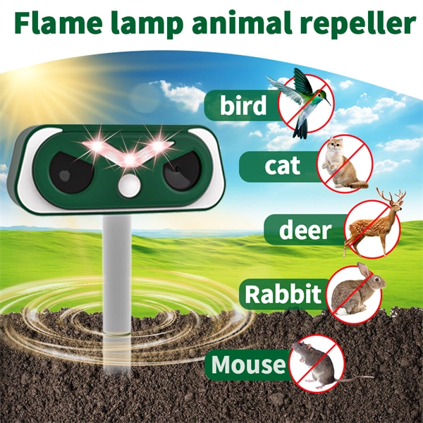 Solar-Powered Ultrasonic Bird Repeller Mice Repellent with Strobe Flash and Upgraded Flame Light Animal Deterrent