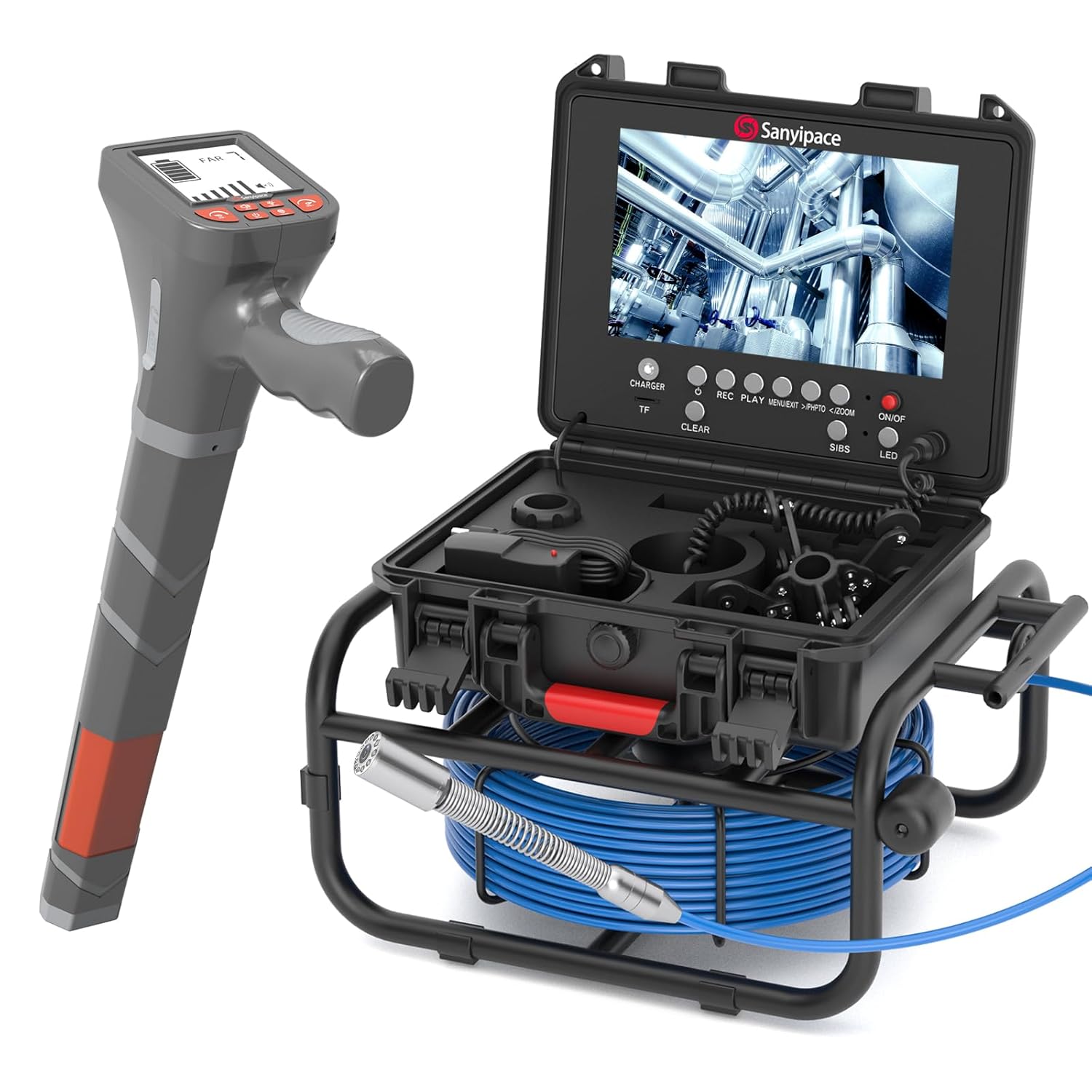 100 feet / 30 meters, 23 mm / 0.9 inches full HD sewer inspection camera, 5x zoom, distance counter, 9-inch IPS screen, digital video recorder and voice recorder, 16GB memory card, suitable for sewer lines, pipes, ventilation ducts, piping systems, p