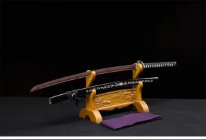 Handcrafted wooden katana displayed on an elegant wooden stand, perfect for martial arts practice and decorative display.